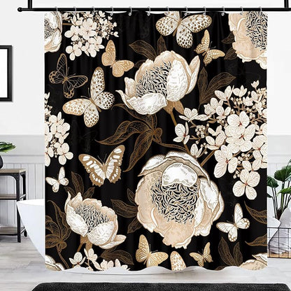 Black and Gold Floral Butterfly Shower Curtain, Boho Dark Flowers Botanical Aesthetic Shower Curtain for Bathroom with Hook, Vintage Moth Farmhouse Unique Chic Shower Curtain Set with Hooks 72X72