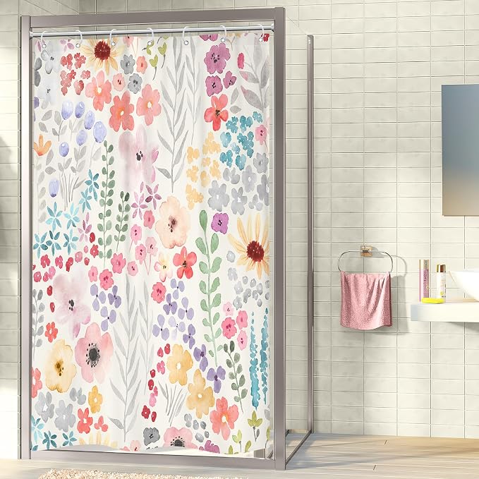 Small Stall Narrow Floral Watercolor Cute Girly Bathroom Shower Curtain Set | 48"W x 72"H Plants Boho; waterproof HD print, quick-dry fabric with 12 hooks for easy hanging.
