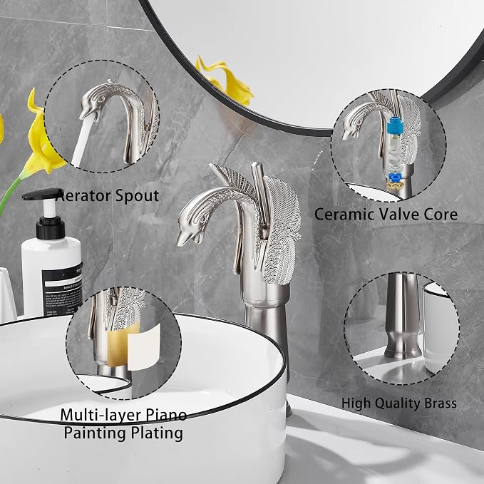 Brushed Nickel Swan Shape Single Handle 1Hole Bathroom Vessel Sink Faucet Deck Mount Lavatory Sink Faucet