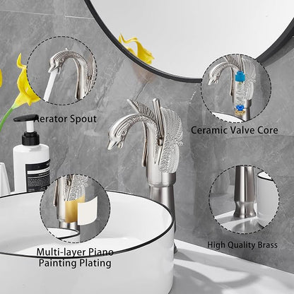 Brushed Nickel Swan Shape Single Handle 1Hole Bathroom Vessel Sink Faucet Deck Mount Lavatory Sink Faucet