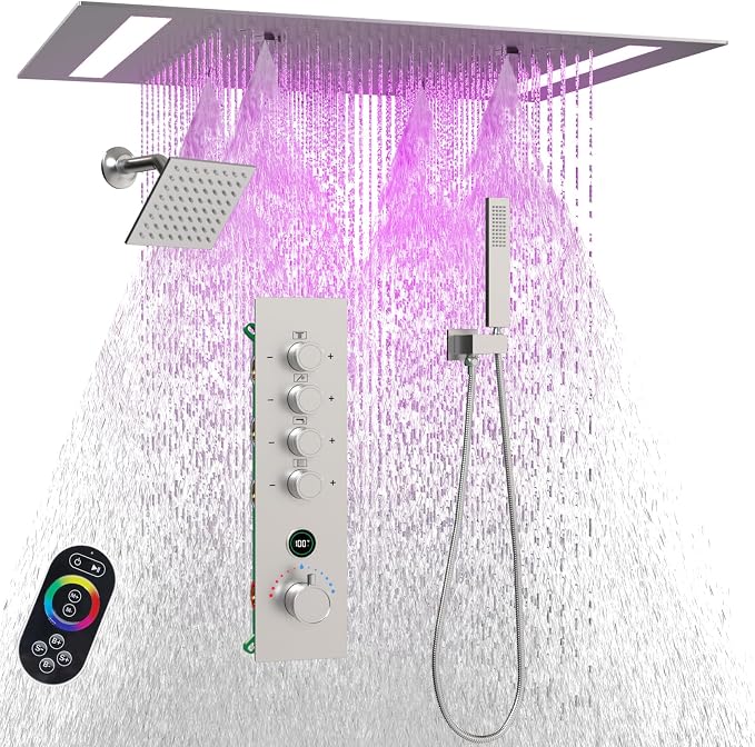 Luxury 20x14in LED Rainfall Mist Dual Shower System Can Run Togther | 4-way Thermostatic Digital Display Brass Valve, Ceiling Flush Showerhead and 6in Tilt Shower, Brass Handheld, Brushed Nickel