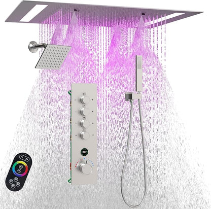 Luxury 20x14in LED Rainfall Mist Dual Shower System Can Run Togther | 4-way Thermostatic Digital Display Brass Valve, Ceiling Flush Showerhead and 6in Tilt Shower, Brass Handheld, Brushed Nickel