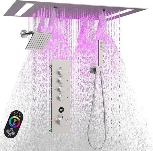 Luxury 20x14in LED Rainfall Mist Dual Shower System Can Run Togther | 4-way Thermostatic Digital Display Brass Valve, Ceiling Flush Showerhead and 6in Tilt Shower, Brass Handheld, Brushed Nickel