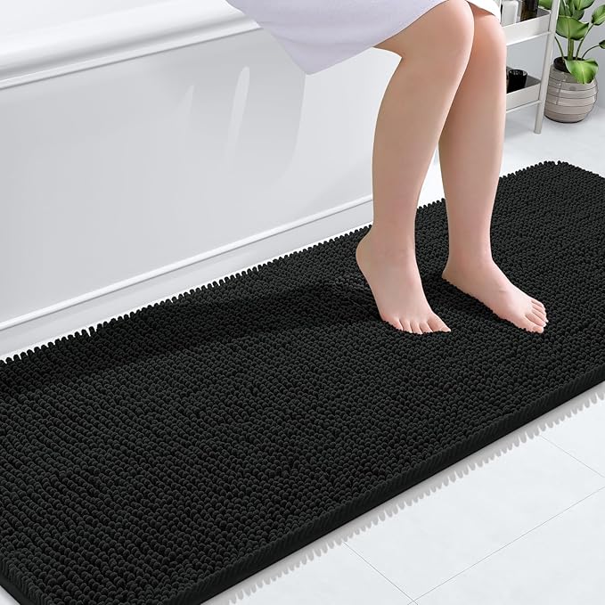 OLANLY Bathroom Runner Rugs 70x24, Extra Soft Absorbent Chenille Bath Rugs | Black, Quick-Drying Rubber Backing, Machine Washable Long Bath Mat for Bathroom Floor, Tub and Shower, Home Decor Accessories