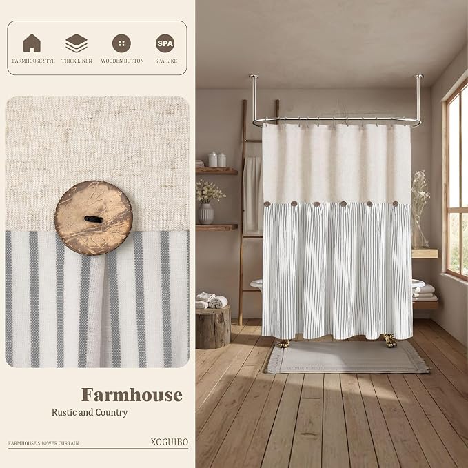 Farmhouse Shower Curtain Linen Button Grey Stripe 72" W x 72" L | Farmhouse Style, Chic Button, Striped, Linen Fabric, Rustic, Country, Natural Look, Washable, for Bathroom Bathtub