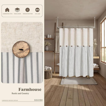 Farmhouse Shower Curtain Linen Button Grey Stripe 72" W x 72" L | Farmhouse Style, Chic Button, Striped, Linen Fabric, Rustic, Country, Natural Look, Washable, for Bathroom Bathtub