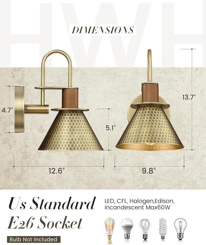 Antique Brass Wall Sconce, HWH Hammered Barn Wall Light Fixtures, 1-Light Single Sconce Vanity Light, Farmhouse Wall Lamp for Bedroom Bedside Kitchen Hallway, Hammered Metal Shade, 5HZG74B-L BG