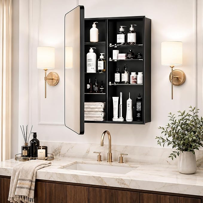24 x 30 Black Medicine Cabinet Mirror, Recessed or Surface Mount | Bathroom mirror with storage: 6 adjustable shelves fit tall bottles; DTC soft-close hinges; rust-resistant aluminum