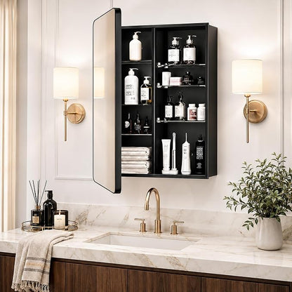 24 x 30 Black Medicine Cabinet Mirror, Recessed or Surface Mount | Bathroom mirror with storage: 6 adjustable shelves fit tall bottles; DTC soft-close hinges; rust-resistant aluminum