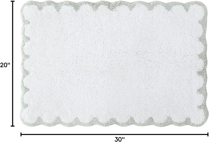 Peri Home Scalloped Bath Rug - Soft & Absorbent 100% Cotton Tufted Bath Mat, 20" x 30", White with Sage Scallop | Soft & Absorbent, Cotton Tufted, Mat, Scallop