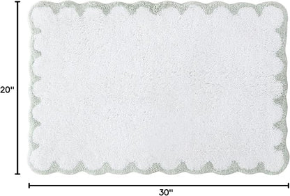 Peri Home Scalloped Bath Rug - Soft & Absorbent 100% Cotton Tufted Bath Mat, 20" x 30", White with Sage Scallop | Soft & Absorbent, Cotton Tufted, Mat, Scallop