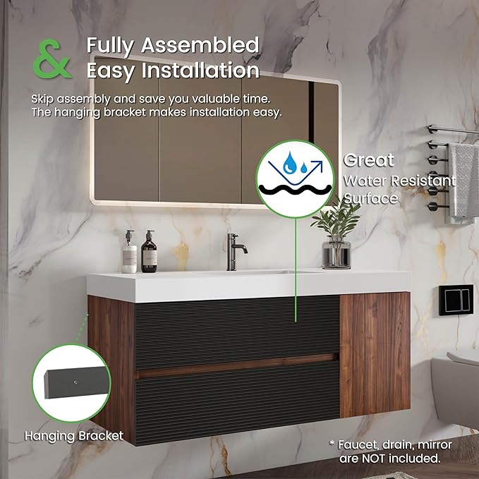 48 Inch Bathroom Vanity with Sink, Floating Bathroom Cabinet with 2 Soft-Closing Drawers & 1 Door, Large Storage for Apartment, Hotel, Walnut+Black, White Sink(Already Assembled)