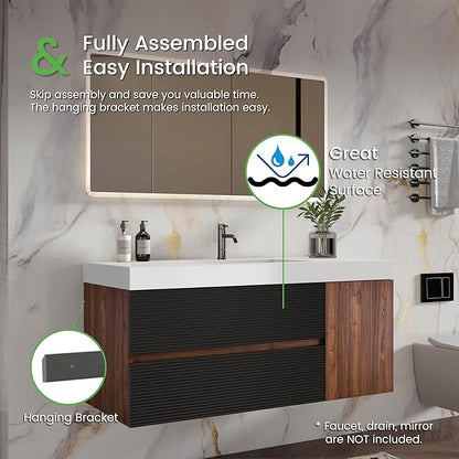 48 Inch Bathroom Vanity with Sink, Floating Bathroom Cabinet with 2 Soft-Closing Drawers & 1 Door, Large Storage for Apartment, Hotel, Walnut+Black, White Sink(Already Assembled)