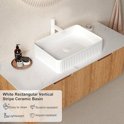 48" Bathroom Vanity with Sink, Floating Plywood Bathroom Vanities with Rectangular Ceramic Basin and Marble Top, 2 Large Soft-Closing Storage Drawers, Pre-Assembled Cabinet, Nature Wood