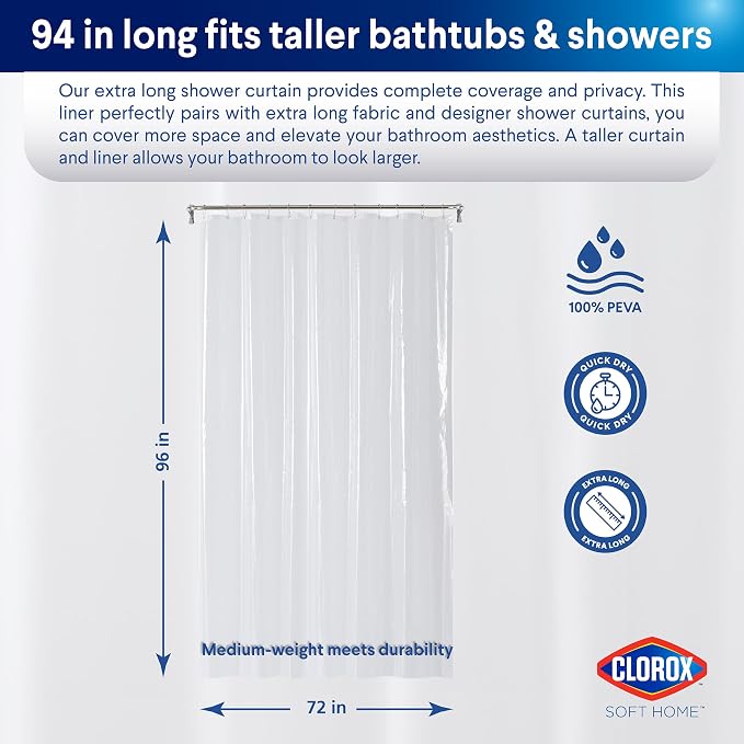 Clorox Shower Curtain Liner, Premium Medium-Weight Durable Waterproof 6g PEVA for Bathroom with Weighted Magnets, Extra Long 72" x 96", Clear 1 Pack