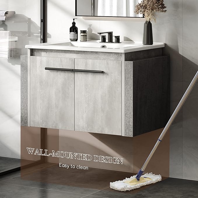 YITAHOME 24 Inch Floating Bathroom Vanity with Sink, Grey Wall Mounted Modern Bathroom Vanity, Bathroom Cabinet Vanity with Double Extra Large Doors