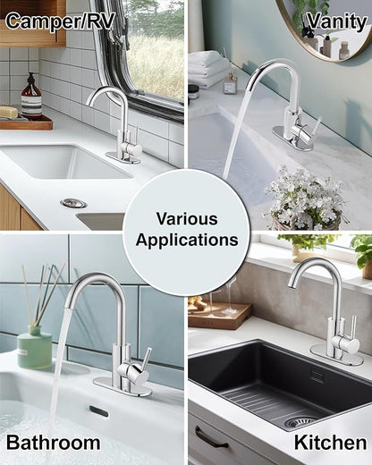 Midanya Single Hole Bathroom Faucet 1 Hole Bar Sink Faucet Suitable for Kitchen RV Vanity,304 Stainless Steel 360° Swivel Spout with Deck Plate and Pop-up Drain,Polish Chrome