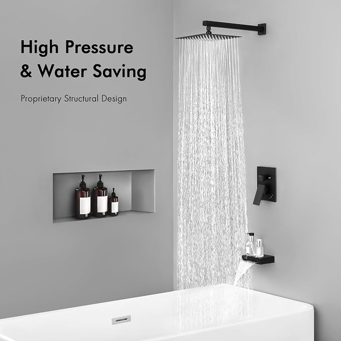 KES Tub and Shower Faucet Set Shower System with 10-Inch Rain Shower Head and Waterfall Tub Faucet Wall Mount Shower Valve and Trim Kit Included Matte Black, XB6240-BK