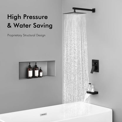 KES Tub and Shower Faucet Set Shower System with 10-Inch Rain Shower Head and Waterfall Tub Faucet Wall Mount Shower Valve and Trim Kit Included Matte Black, XB6240-BK