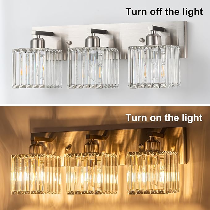 Modern Bathroom Vanity Light 3-Lights,Crystal Light Fixtures,Chrome | Crystal Light Fixtures Over Mirror,Chrome Bathroom Vanity Lighting Crystal Wall Sconce,Warm Light