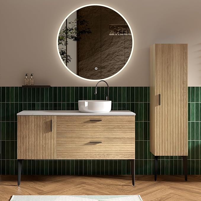 48" Bathroom Vanity with Sink and Side Cabinet Combo Set, Modern Bathroom Cabinet with Ceramic Vessel Sink, Engineered Stone Top, Soft-Closing Drawers & Door, Natural Oak