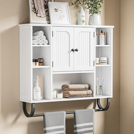 31.5'' White Bathroom Wall Cabinet - Medicine Cabinet with Adjustable Shelves & Doors, Over The Toilet Storage for Bathroom, Wall Mounted Organizer for Laundry Room Kitchen Living Room