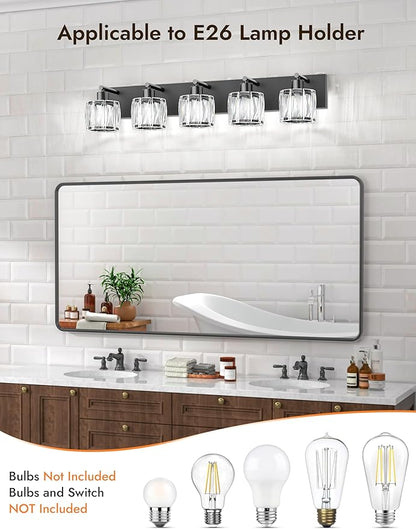 VOLISUN Crystal Vanity Lights for Bathrooms, 5 Light Bathroom Vanity Light, Modern Matte Black Bathroom Light Over Mirror, Black Bathrooms Lights Fixtures-UL Certificated(Exclude Bulb)