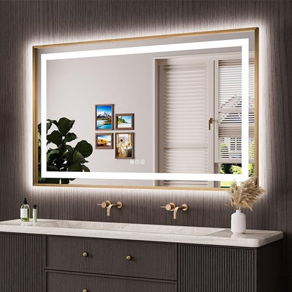 60"X36" LED Bathroom Mirror with Front Lit and Backlit(Brushed Gold) | Metal Framed Mirror, Stepless Dimmable, Anti-Fog, HD Reflection, Shatter-Proof, Memory, 3 Colors, Double LED Vanity Mirror.