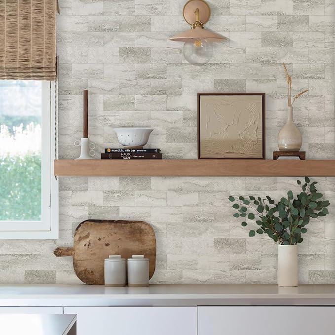 Vamos Tile 4-Piece Beige Mixed Grey Peel and Stick Backsplash Seamless Tile | 3''x6'' PVC Subway Tile,Matt Slate Stick on Backsplash for Kitchen/Bathroom/Fireplace/Laundry/Camper