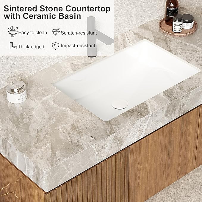 Ambrovina 48" Floating Bathroom Vanity with Sink, Modern Plywood Bathroom Storage Cabinet with Drawer and 2 Doors, Light Gray Sintered Stone Countertop and White Ceramic Basin, Pre-assembled, Dark Oak
