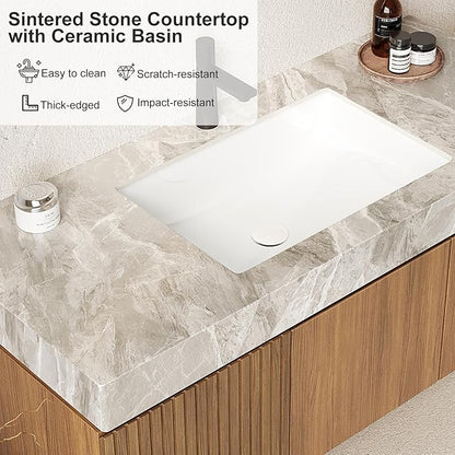 Ambrovina 48" Floating Bathroom Vanity with Sink, Modern Plywood Bathroom Storage Cabinet with Drawer and 2 Doors, Light Gray Sintered Stone Countertop and White Ceramic Basin, Pre-assembled, Dark Oak