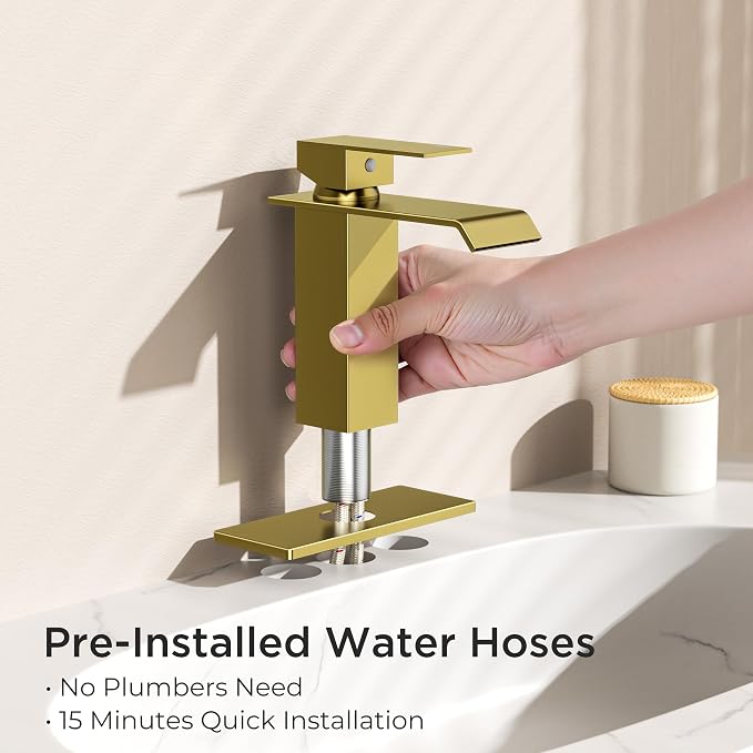 FORIOUS Bathroom Faucet 1 Hole Single Handle Vanity Faucets Brushed Gold | Sqaure Waterfall Spout, 1 or 3 Hole 4 Inch Centerset Sink with Drain and Hoses, for Vanity Rv Commercial Lavatory Restroom
