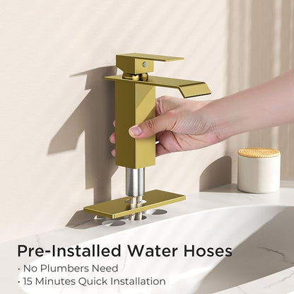 FORIOUS Bathroom Faucet 1 Hole Single Handle Vanity Faucets Brushed Gold | Sqaure Waterfall Spout, 1 or 3 Hole 4 Inch Centerset Sink with Drain and Hoses, for Vanity Rv Commercial Lavatory Restroom