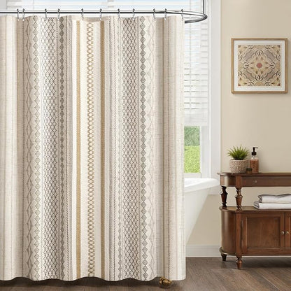Boho Linen Shower Curtain for Bathroom,with Striped Print and Twine-Inspired Woven Center,72" W x 78" L,Beige