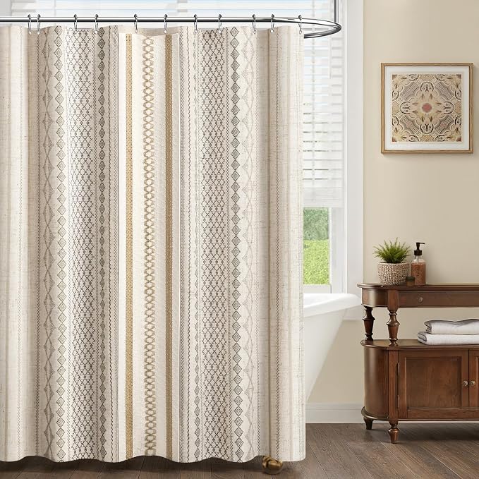 Natural Linen Boho Shower Curtain,72" W x 84" L | Linen Striped Print and Twine-Inspired Woven Center for Bathroom
