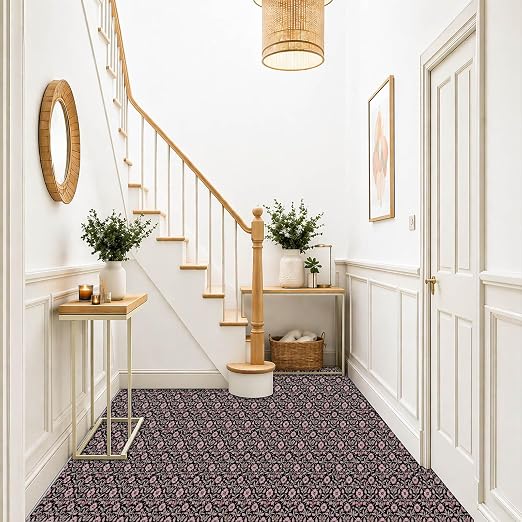 Black Pink Floral Peel and Stick Floor Tiles 12x12 Inch 10PCS | Pink floral vine pattern on a black background vinyl floor stickers for kitchen bathroom entryway and indoor home decor