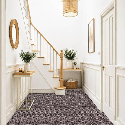 Black Pink Floral Peel and Stick Floor Tiles 12x12 Inch 10PCS | Pink floral vine pattern on a black background vinyl floor stickers for kitchen bathroom entryway and indoor home decor