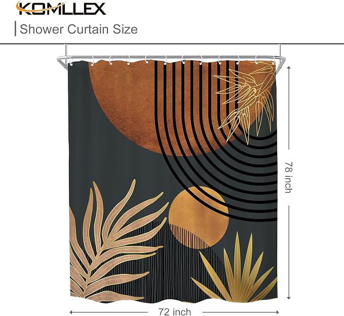 Mid Century Brown Black Boho Abstract Modern Bathroom Shower Curtain Set | 72Wx78H Plant Botanical design, waterproof HD print with fast-drying fabric and 12 hooks.