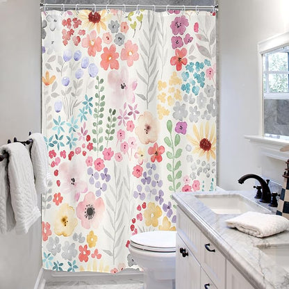 Extra Long Colorful Cute Floral Flowers Plants Bathroom Shower Curtain Set | 72"W x 96"H Botanical Girls; waterproof HD print, quick-dry fabric with 12 hooks for easy hanging.