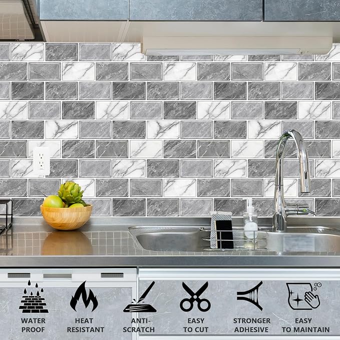 URCOLOR 10-Sheet Peel and Stick Backsplash Tile Sticker for Kitchen,12"x12" Self Adhesive Subway Wall Tiles Stick on Back Splashes for Bathroom White Gray Marble Design