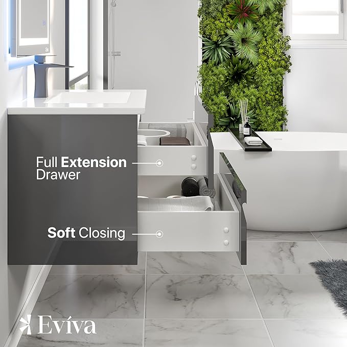 Eviva Joy 32 in. Gray Wall MountSingle Sink Bath Vanity with Porcelain Top and Integrated Sink