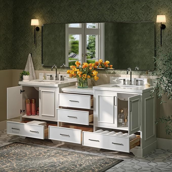 ARIEL Stafford 84-inch Bathroom Vanity with Sink,Solid Wood, 1.5in Italian Carrara Marble Countertop & Backsplash, Double Rectangular Porcelain Sink, 4 Soft Closing Doors, 5 Dovetail Drawers, White