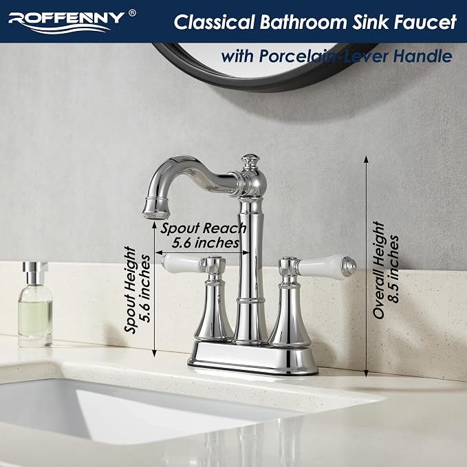 Porcelain 2-Handle Polished Chrome Bathroom Faucet 4" Centerset | with Plastic Pop-up Drain and Two 23.6" Supply Lines, Classical 4" Bath Vanity Sink Faucets for 2/3-Hole Sinks, Brass Spout