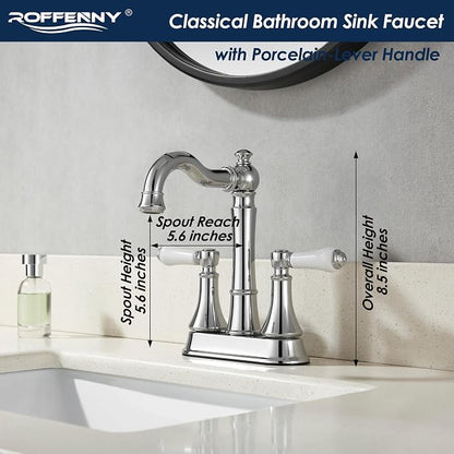 Porcelain 2-Handle Polished Chrome Bathroom Faucet 4" Centerset | with Plastic Pop-up Drain and Two 23.6" Supply Lines, Classical 4" Bath Vanity Sink Faucets for 2/3-Hole Sinks, Brass Spout