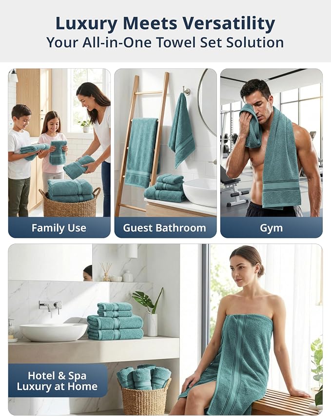 LANE LINEN Bath Towel Set 100% Cotton 12 Piece Soft Absorbent - Teal | Oeko-Tex Bath Towels - Zero-Twist Cotton, Terry Weave Comfort, Long-Lasting Comfort, Hotel-Style Look, Machine Washable