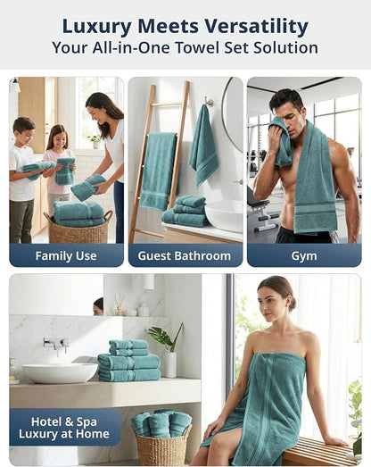 LANE LINEN Bath Towel Set 100% Cotton 12 Piece Soft Absorbent - Teal | Oeko-Tex Bath Towels - Zero-Twist Cotton, Terry Weave Comfort, Long-Lasting Comfort, Hotel-Style Look, Machine Washable