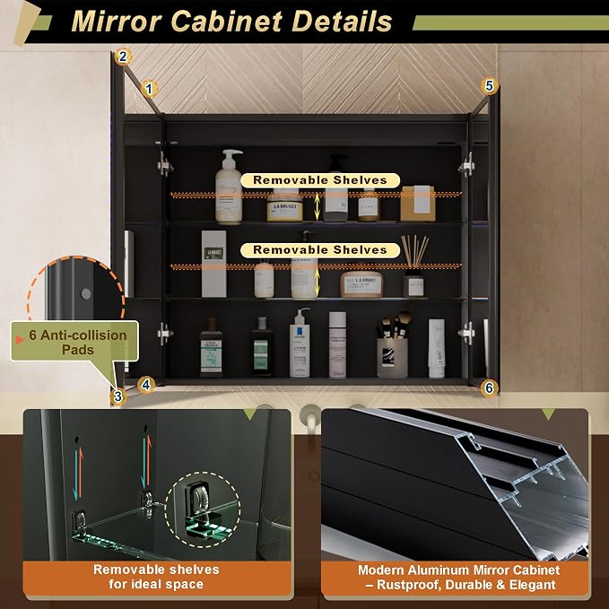 30*28 inch Two-door Aluminum LED Lighted Bathroom Medicine Mirror Cabinet | Light Adjustable, Sockets & USBs inside, Anti-Fog, Easy to Install