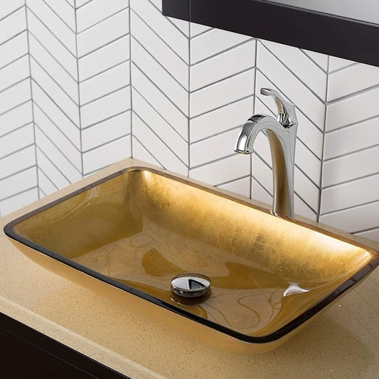 KRAUS 22-inch Rectangular Gold Glass Bathroom Vessel Sink and Arlo Faucet Combo Set with Pop-Up Drain, Chrome C-GVR-210-RE-1200CH