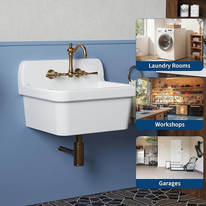 Garvee Utility Sink 24 x 20 Inch, Ceramic Laundry Sink with High Backsplash, Wall Mount, Farmhouse Design, Perfect for Garage, Washing Room, Kitchen, Bathroom