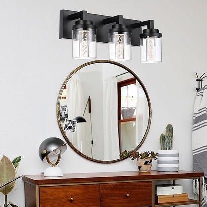 MELUCEE 3-Light LED Bathroom Light Fixtures Over Mirror 5 Color Temperature | Modern Bathroom Vanity Lights 5CCT Black Vanity Light with Bubble Crystal and Clear Glass Shade, Built-In LED Chips